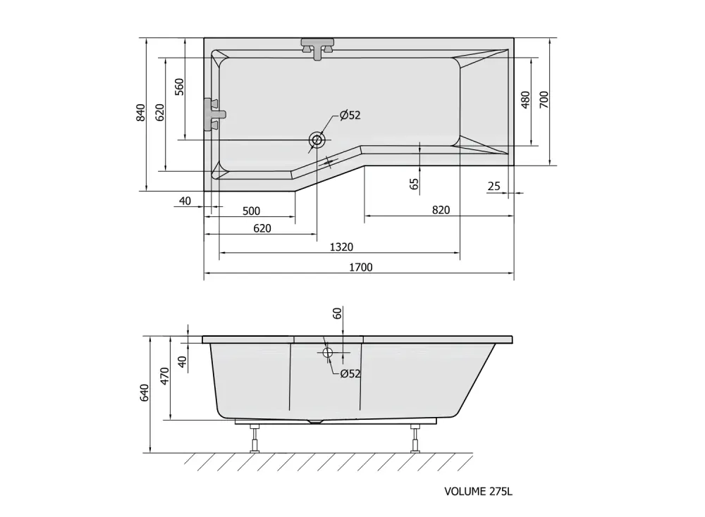 VERSYS L asymetrická vana 170x84x70x47cm, bílá